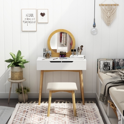 HOMCOM Vanity Table Set with Round Mirror 2 Large Drawers with Sliding Rails Makeup Dressing Table with Cushioned Stool, Nature Wood and White