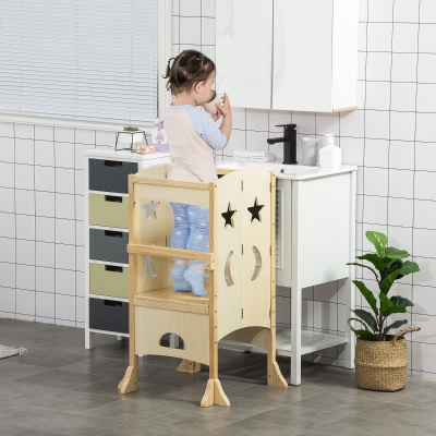Qaba Kids Kitchen Helper Foldable Step Stool Toddler Kitchen Stool Learning Tower with Blackboard Lockable Handrail for 3-6 Years old Natural