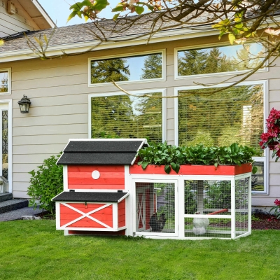 PawHut 82" Chicken Coop Wooden Rabbit Hutch Small Animal Habitat Hen Ducks House with Run Nesting Box Waterproof Roof, Red