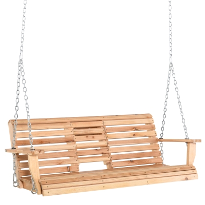 Outsunny 3-Seater Wooden Porch Swing Bench with Folding Coffee Table, Durable PU Coating, Chains Included, Natural