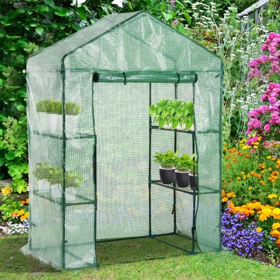 Outsunny Walk-in Plant Greenhouse Portable Garden Flower Seed Warm House w/ 2 Tier 4 Shelves Green