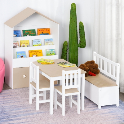 Qaba 4-Piece Set Kids Wood Table Chair Bench with Storage Function Easy to Clean Gift for Girls Boys Toddlers Age 3 Years up Natural and White