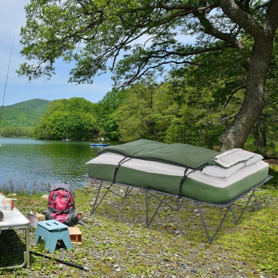 Outsunny Compact Collapsible Portable Camping Cot Bed Set with Sleeping Bag Inflatable Air Mattress Pillows for 2 Person with for Fishing & Hiking