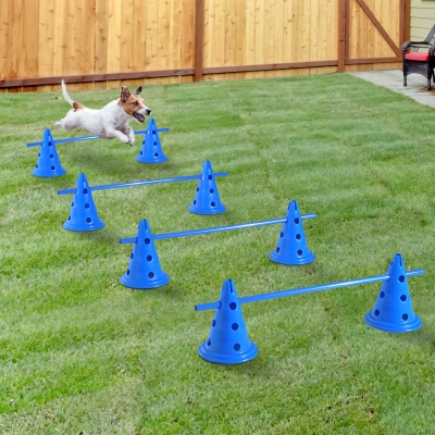 PawHut Set of 4 Dog Agility Hurdle Cone Set Agility Training Equipment 8 Cones 4 Rods Starter Kit with carrying bag Blue