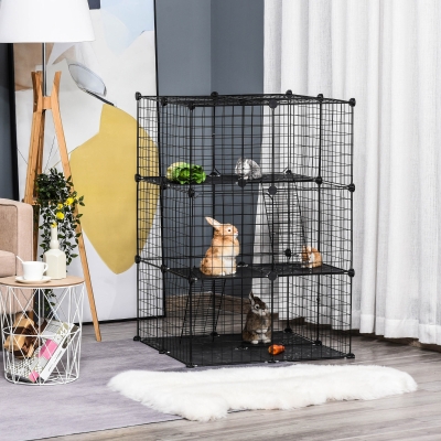PawHut 3-Tier Small Animal Cage Bunny Hutch Portable Metal Wire with Ramps for Kitten Chinchilla, Black