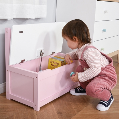 Qaba 2-IN-1 Wooden Toy Box Kids Seat Bench Storage Chest Cabinet Chunk Cube with Safety Pneumatic Rod Pink