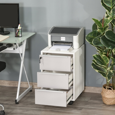 HOMCOM 3-Drawer Locking File Cabinet Mobile Chest of Drawers Side Table on Wheels