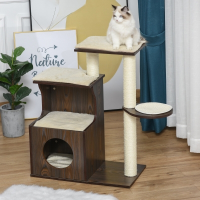 PawHut Cat Tree Tower w/ Scratching Posts Sisal Carpet Soft Cushions 26" x 15" x 34.75"