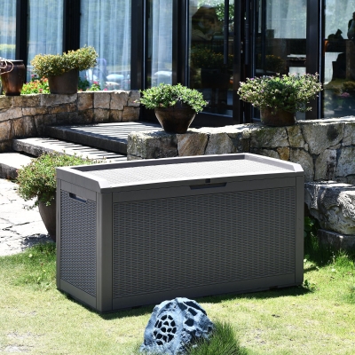Outsunny Patio PP Resin Rattan Storage Box Outdoor Garden Furniture 2 People Sit with Handles & Cushion Grey 47.25"L x 21.5"W x 24.5"H
