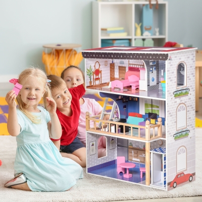 Qaba 13 PCS Kids 3-Story Dollhouse, Dreamhouse Villa, for Toddler, Little Girls, Multi-level House, with Elevator, Furniture Accessories Kit, for 3-6 Years Old, Pink