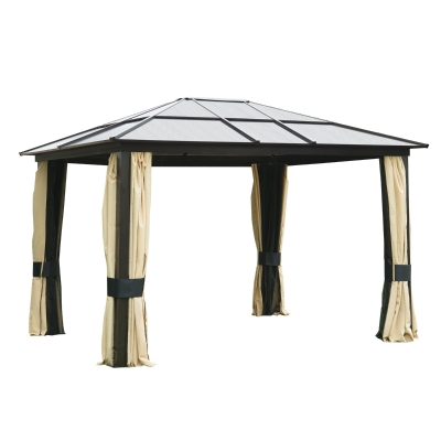 Outsunny 12' x 10' Outdoor Steel Polycarbonate Hardtop Canopy Gazebo with Curtains - Black/Beige