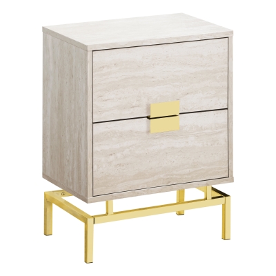 Monarch 24" Retro Inspired 2 Drawer End Table Night Stand with Metal Base - Beige Marble-Look / Gold Metal Base