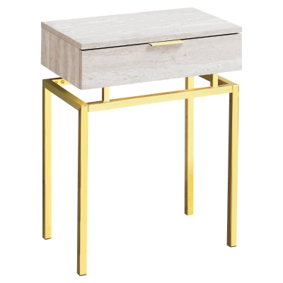 Monarch 24" Contemporary End Table Night Stand with Large Storage Drawer and Metal Base - Beige Marble-Look / Gold Metal Base