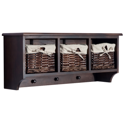 Open Box HomCom 32” Rustic Country Floating Storage Shelf W/ Coat Hooks And Removable Wicker Baskets - Coffee Woodgrain