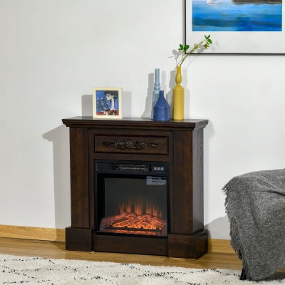 HOMCOM Electric Fireplace with Mantel, Freestanding Heater Corner Firebox with Log Hearth and Remote Control, 1400W, Brown