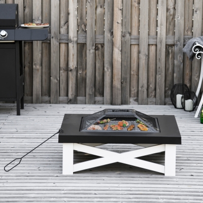 Outsunny 34" Outdoor 3 in 1 Steel Square Fire Pit Square Stove with Spark Screen Cover, Log Grate, Poker, Grill Net for Patio, White & Black