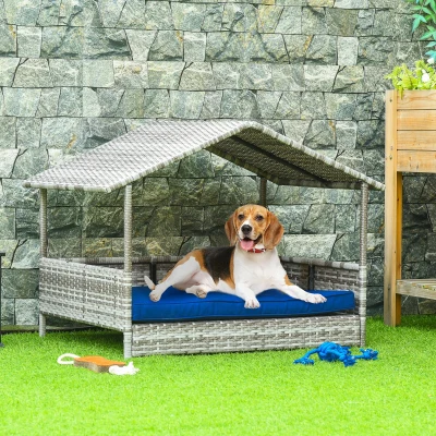 PawHut Wicker Pet House, Indoor/Outdoor with Cushions, Dark Blue