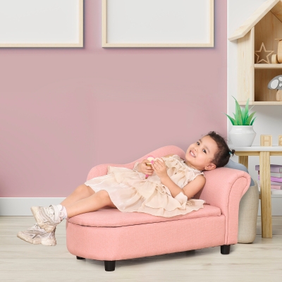 Qaba Kids Sofa, Toddler Couch with Storage Compartment, Children Chaise Lounge, Armrest Chair for Preschool for Kids Room, Kindergarten, Eucalyptus Wood, Pink