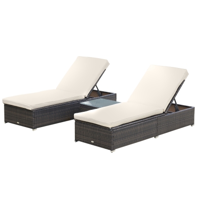 Outsunny Outdoor Lounge Chairs Set of 2 with 5-Level Angles Adjust Backrest, Thick Cushions, & Matching Table, Patio Rattan Furniture Sets for Pool Side, Balcony, Beach, Yard, Brown