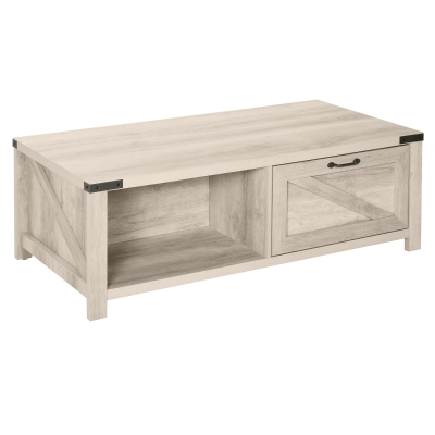 HomCom Industrial Coffee Table with 1 Drawer, 2 Open Storage Shelves, and a Modern Farmhouse Style - Oak