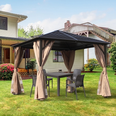 Outsunny 10' x 10' Aluminum Frame Hardtop Gazebo with Mosquito Netting and Curtains Brown