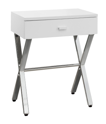 Monarch 22" Modern Storage Drawer Chrome Metal X-Frame Accent Nightstand Side End Table - Glossy White Finish