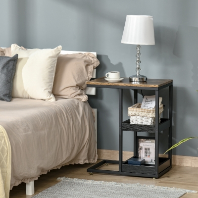 HOMCOM Side Table, C Shaped End Coffee Table, Industrial Nightstand with Storage Shelves, Metal Frame for Living Room, Bedroom, Rustic Brown