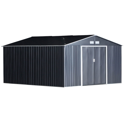 Outsunny 11' x 12.5' x 6.5' Outdoor Backyard Garden Tool Shed with Double Sliding Doors, 4 Air Vents, and Steel Frame, Dark Grey