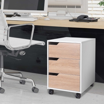 HOMCOM MDF Mobile File Cabinet pedestal with 3 Drawers Lockable Casters for Home Office Oak and White