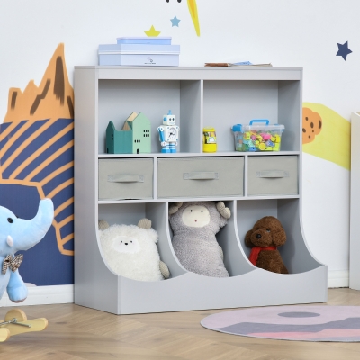 HOMCOM Toy Chest Kids Cabinet Freestanding Storage Organizer Children Bookcase Display Shelf Wardrobe for Toys Clothes Books Bedroom with Drawers, Grey