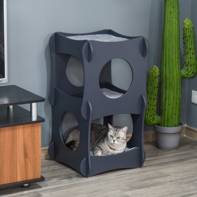 PawHut Wooden Cat House Kitten Bed Pet Furniture with Soft Cushion for Rest and Play