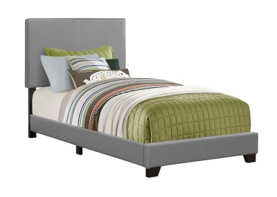 Monarch Twin Size Contemporary Upholstered Bed Frame with Wood Legs - Silver Leather Look
