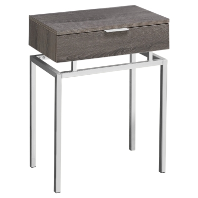 Monarch 24" Contemporary End Table Night Stand with Large Storage Drawer and Metal Base - Dark Taupe Wood Grain-Look / Chrome Base