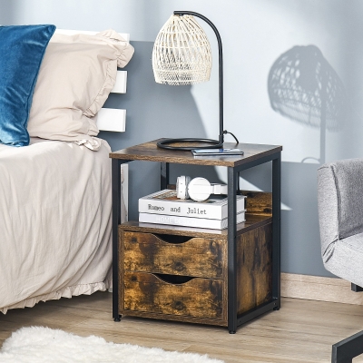 HOMCOM Industrial Side Table with 2 Drawers Accent Table Storage Shelf Versatile Night Stand End Desk for Living Room Bedroom, Rustic Brown