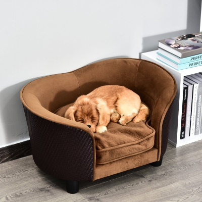 PawHut Rattan Style Pet Dog Cat Sofa Pet Bed Warm Dog Bed Chair with Removable Washable Cushion