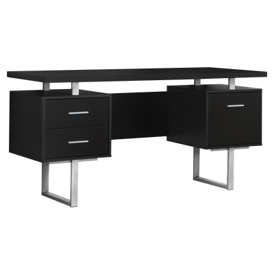 Monarch 60" Contemporary Floating Top Hollow-Core Office Desk with 2 Storage Drawers and File Drawer - Cappuccino / Silver Metal