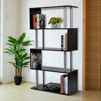 HOMCOM 4-Tires Wooden Bookcase S Shape Storage Bookshelf Display for Living Room, Bedroom, Office with Steel Frame, Black