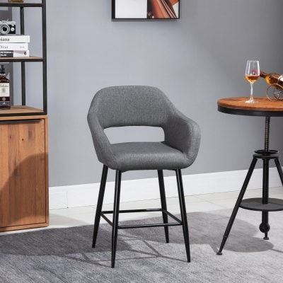 HOMCOM Modern Counter Height Barstools Linen Fabric Upholstered Chair with Footrest & Metal Legs, Dark Grey