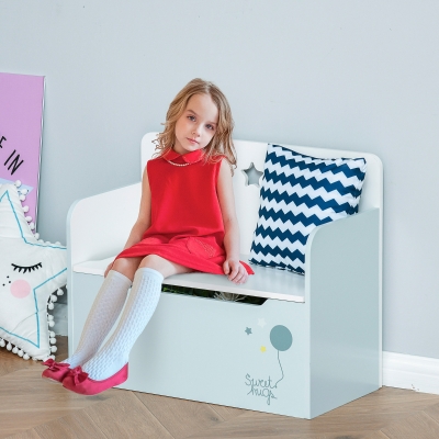 Qaba Kids Wooden Toy Storage Box Organizer Chest Chair 2 in 1 Design with Gas Stay Bar Seating Bench 23.5" x 11.75" x 19.75" Light Blue