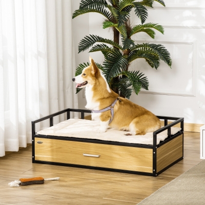 PawHut Elevated Dog Bed, Furniture Style Pet Couch, Soft Modern Puppy Sofa, with Storage Drawer, Washable Cushion, Steel Frame, for Medium Dogs, Oak