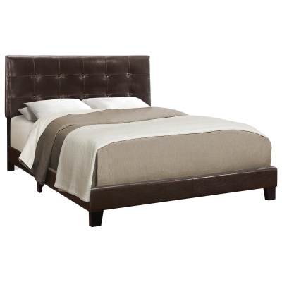 Monarch Queen Size Contemporary Upholstered Bed Frame with Tufted Headboard and Wood Legs - Dark Brown Leather Look