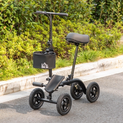 HOMCOM Seated Knee Walker, Foldable Steerable Medical Knee Scooter, Crutch Alternative with Braking System, Storage Bag for Foot Injuries, Black