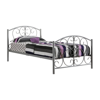 Monarch Decorative Scroll Design Twin Size Metal Bed Frame - Silver Finish