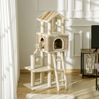 PawHut 52" Huge Cat Tree Kitty Activity Center Cat Climbing Toy Rest Pet Furniture with Sisal Scratching Post Condo Perch Ladder Windmill Toy Hanging Ball Beige