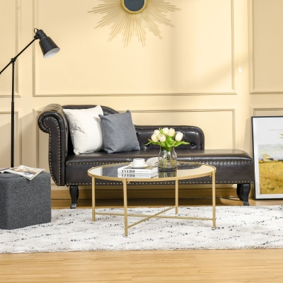 HOMCOM Contemporary Coffee Tables with Metal Base, Round Side Table with Tempered Glass Tabletop Golden Legs for Living Room, Bedroom