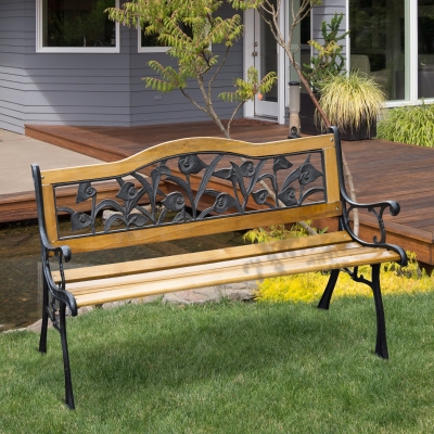 Outsunny 50" 2-Seater Garden Bench Chair, Loveseat for Yard, Lawn, Porch, Patio, Cast Iron and Wooded, Natural