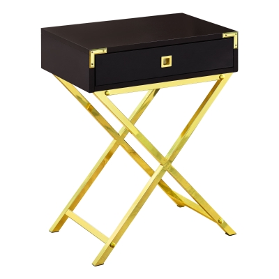 Monarch 24" Contemporary Accent Table with Large Storage Drawer and Metal X-Design Legs - Cappuccino Wood Grain-Look / Gold Metal Legs