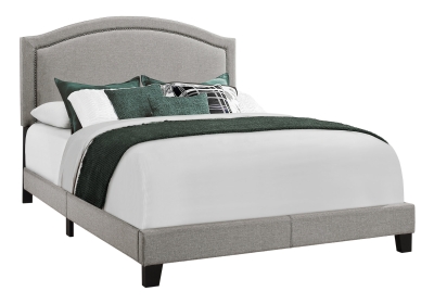 Monarch Queen Size Contemporary Upholstered Bed Frame with Chrome Nail Head Trim and Wood Legs - Grey Linen Look