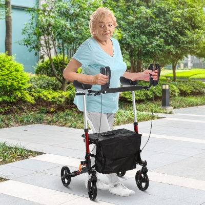 HOMCOM Aluminum Transport Rollator Walker 1-Step Open with Adjustable Seat Bag Armrest
