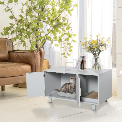 PawHut Wooden Cat Washroom Pet Litter Box Enclosure Kitten House Nightstand End Table with Scratcher Magnetic Doors Grey